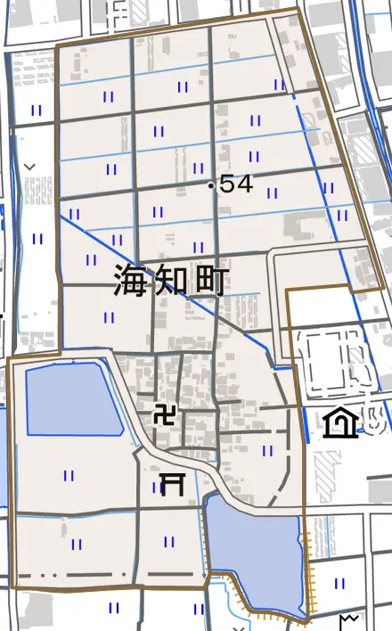 海知町とその周辺の地図。町の範囲を重ねている