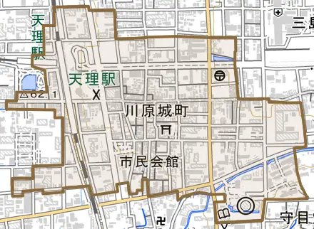 川原城町とその周辺の地図。町の範囲を重ねている