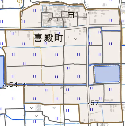 喜殿町とその周辺の地図。町の範囲を重ねている