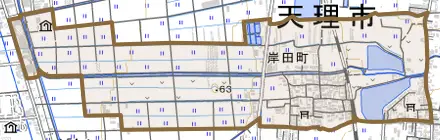岸田町とその周辺の地図。町の範囲を重ねている