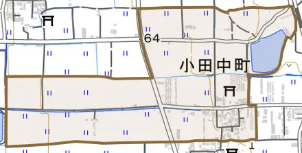 小田中町とその周辺の地図。町の範囲を重ねている