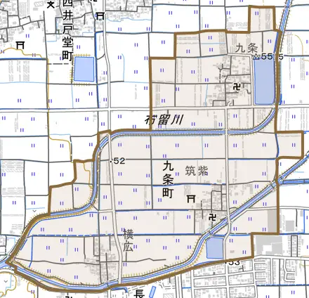 九条町とその周辺の地図。町の範囲を重ねている