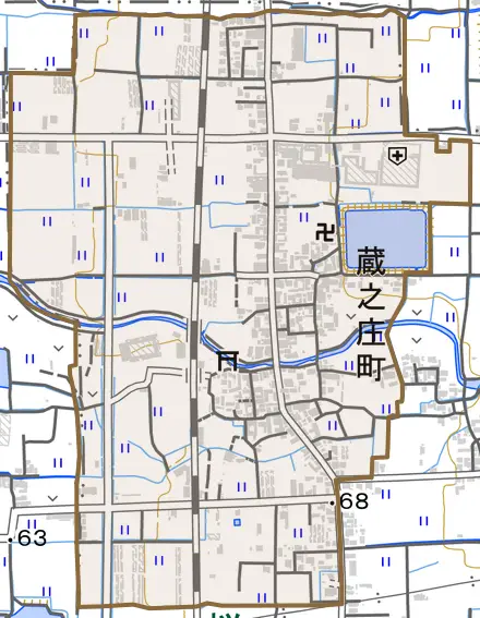 蔵之庄町とその周辺の地図。町の範囲を重ねている