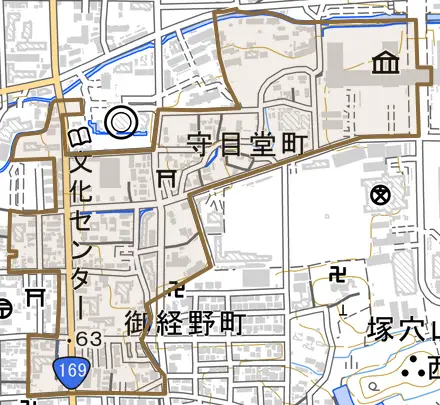 守目堂町とその周辺の地図。町の範囲を重ねている