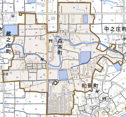 森本町とその周辺の地図。町の範囲を重ねている