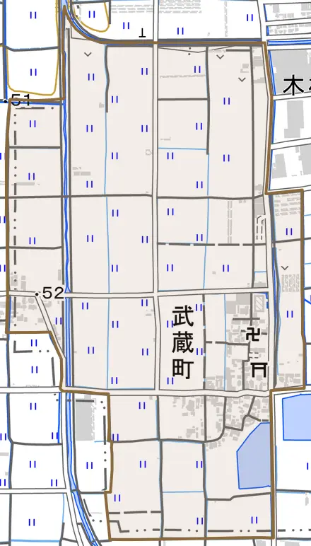 武蔵町とその周辺の地図。町の範囲を重ねている