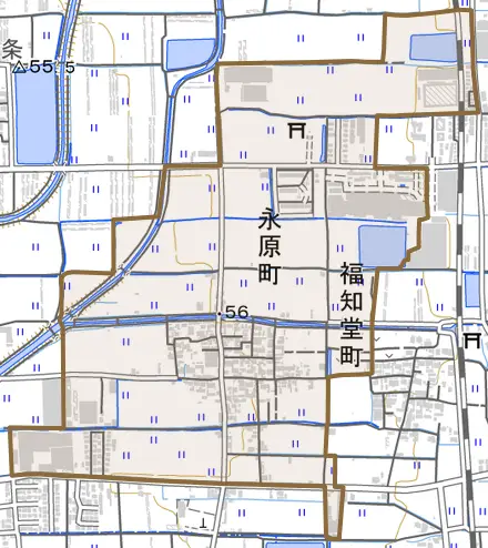 永原町とその周辺の地図。町の範囲を重ねている