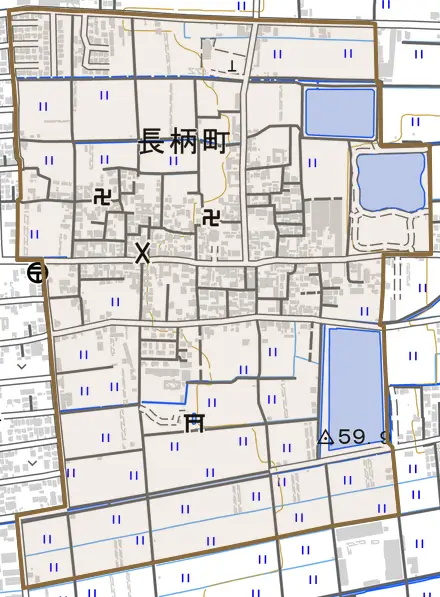 長柄町とその周辺の地図。町の範囲を重ねている