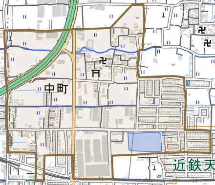 中町とその周辺の地図。町の範囲を重ねている