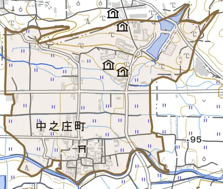 中之庄町とその周辺の地図。町の範囲を重ねている