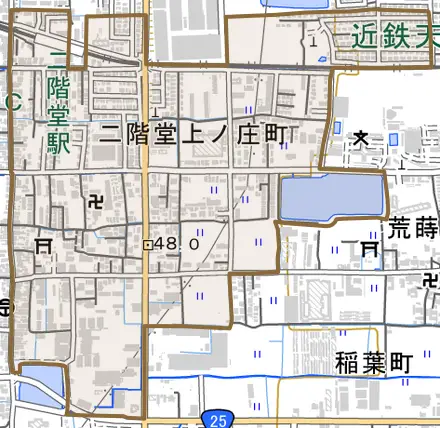 二階堂上ノ庄町とその周辺の地図。町の範囲を重ねている