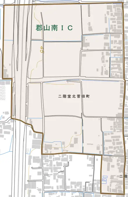 二階堂北菅田町とその周辺の地図。町の範囲を重ねている