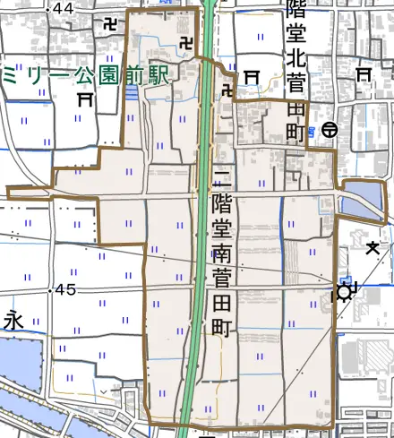 二階堂南菅田町とその周辺の地図。町の範囲を重ねている