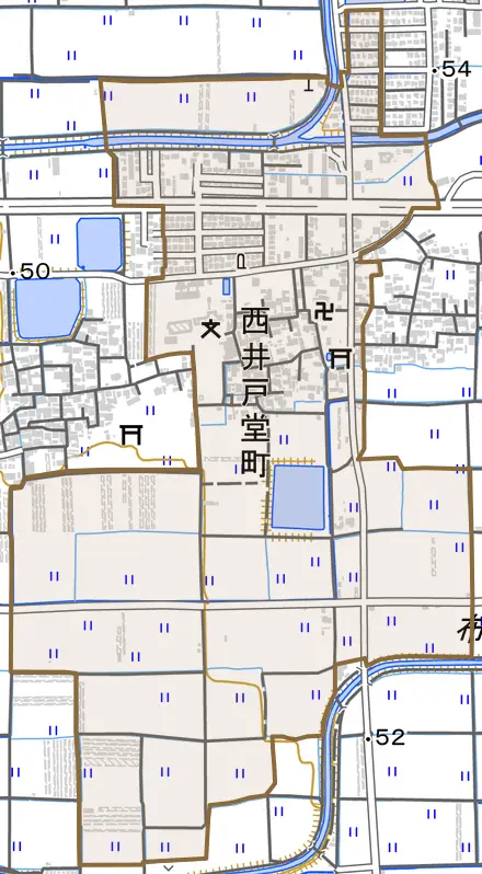 西井戸堂町とその周辺の地図。町の範囲を重ねている