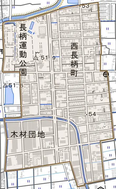 西長柄町とその周辺の地図。町の範囲を重ねている