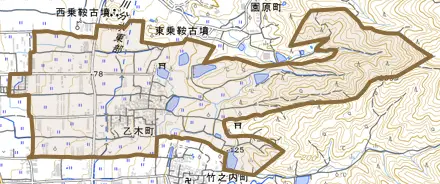 乙木町とその周辺の地図。町の範囲を重ねている