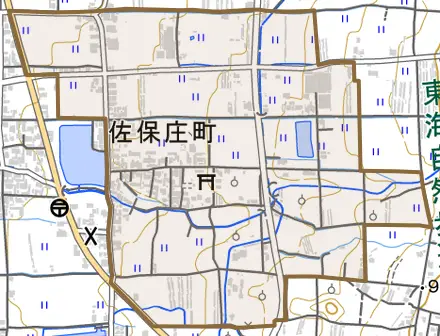 佐保庄町とその周辺の地図。町の範囲を重ねている