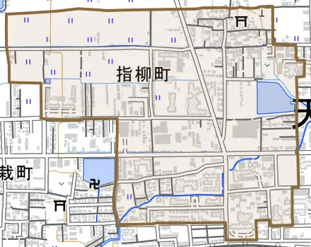 指柳町とその周辺の地図。町の範囲を重ねている