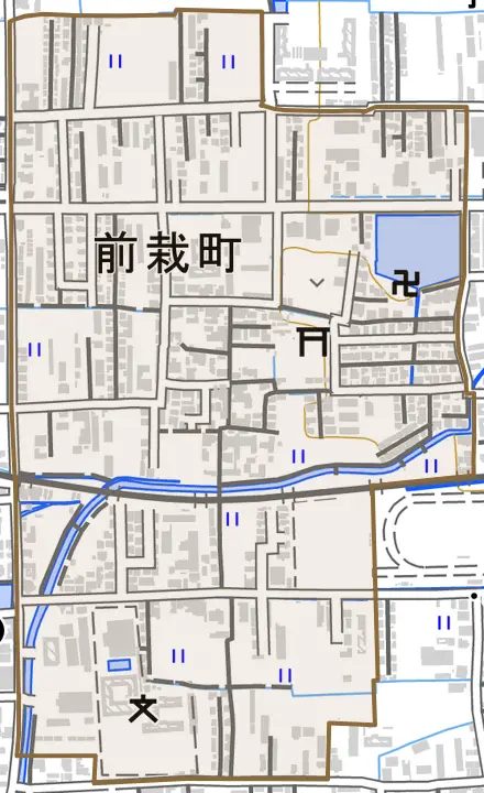 前栽町とその周辺の地図。町の範囲を重ねている