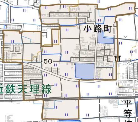 小路町とその周辺の地図。町の範囲を重ねている