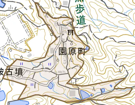 園原町とその周辺の地図。町の範囲を重ねている