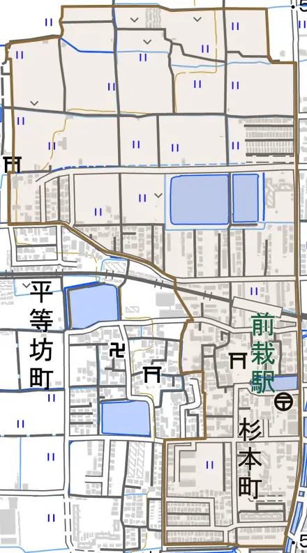 杉本町とその周辺の地図。町の範囲を重ねている