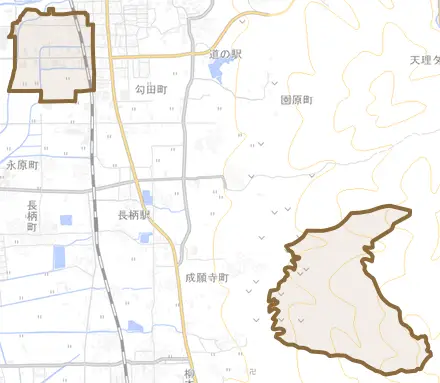 田町とその周辺の地図。町の範囲を重ねている