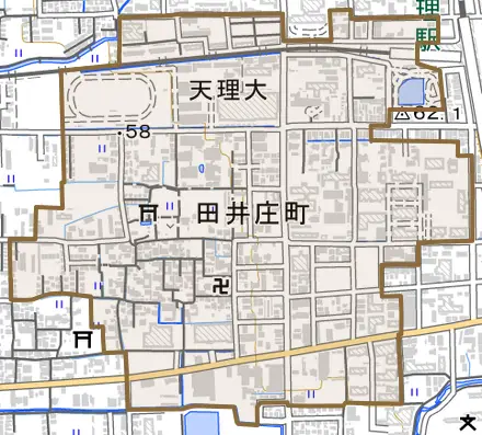 田井庄町とその周辺の地図。町の範囲を重ねている