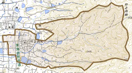 竹之内町とその周辺の地図。町の範囲を重ねている