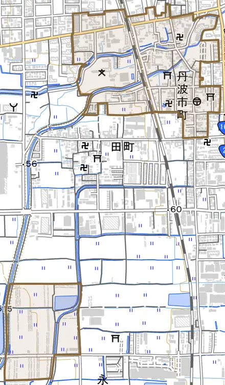 丹波市町とその周辺の地図。町の範囲を重ねている