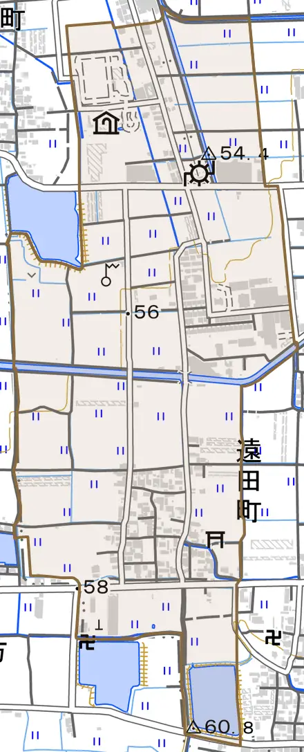 遠田町とその周辺の地図。町の範囲を重ねている