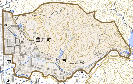 豊井町とその周辺の地図。町の範囲を重ねている