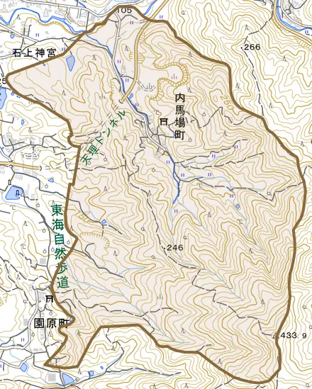 内馬場町とその周辺の地図。町の範囲を重ねている