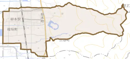 柳本町とその周辺の地図。町の範囲を重ねている