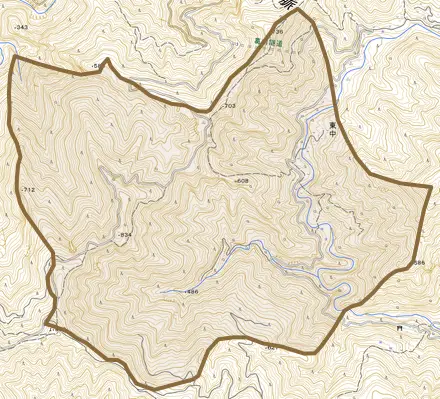 大字東中とその周辺の地図。町の範囲を重ねている