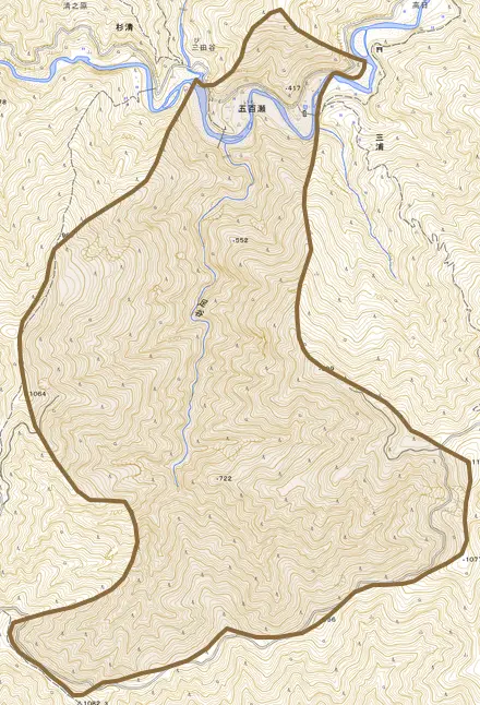 大字五百瀬とその周辺の地図。町の範囲を重ねている