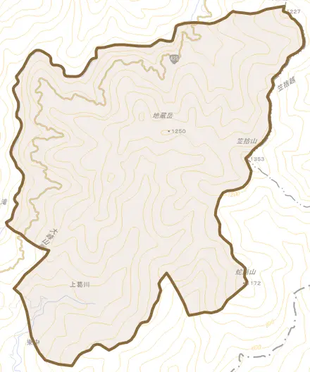 大字上葛川とその周辺の地図。町の範囲を重ねている