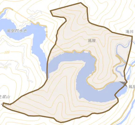 大字風屋とその周辺の地図。町の範囲を重ねている