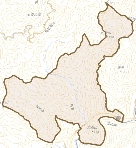大字神下とその周辺の地図。町の範囲を重ねている