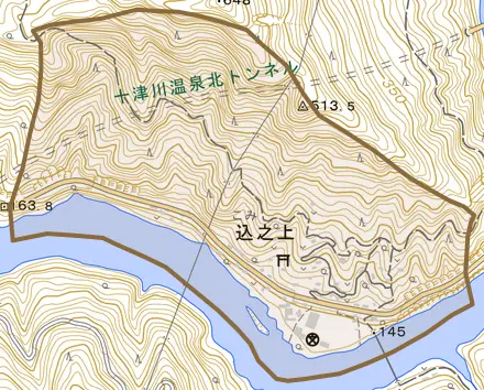 大字込之上とその周辺の地図。町の範囲を重ねている