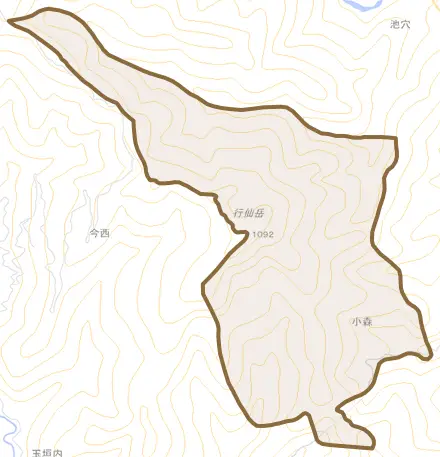 大字小森とその周辺の地図。町の範囲を重ねている