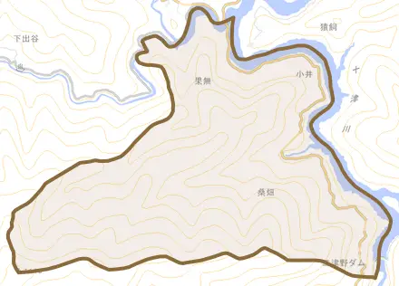 大字桑畑とその周辺の地図。町の範囲を重ねている