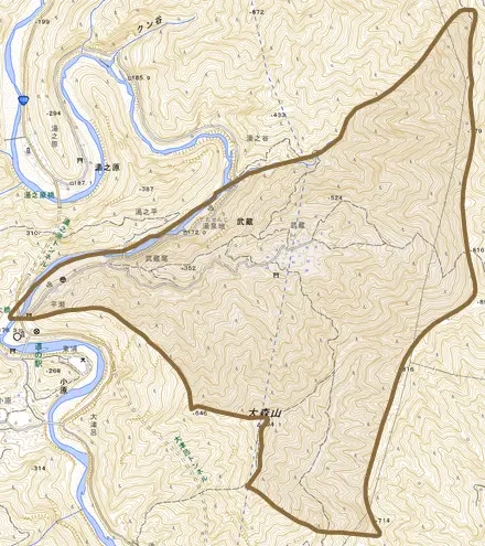 大字武蔵とその周辺の地図。町の範囲を重ねている
