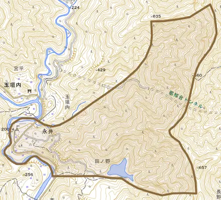 大字永井とその周辺の地図。町の範囲を重ねている