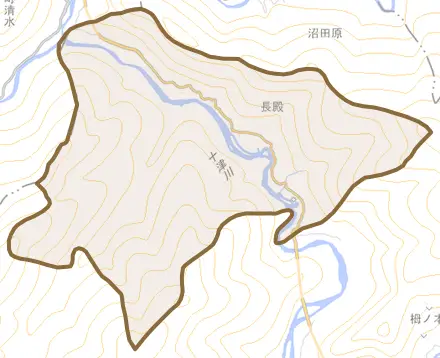 大字長殿とその周辺の地図。町の範囲を重ねている