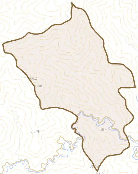 大字西中とその周辺の地図。町の範囲を重ねている