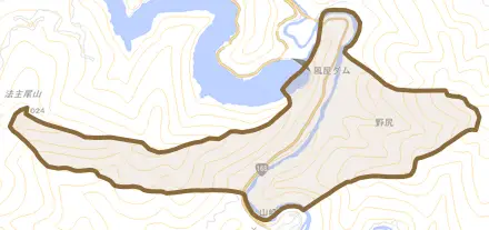 大字野尻とその周辺の地図。町の範囲を重ねている