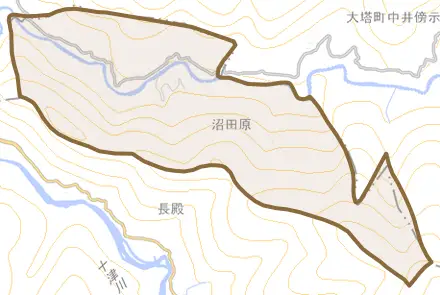 大字沼田原とその周辺の地図。町の範囲を重ねている