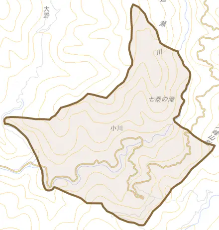 大字小川とその周辺の地図。町の範囲を重ねている