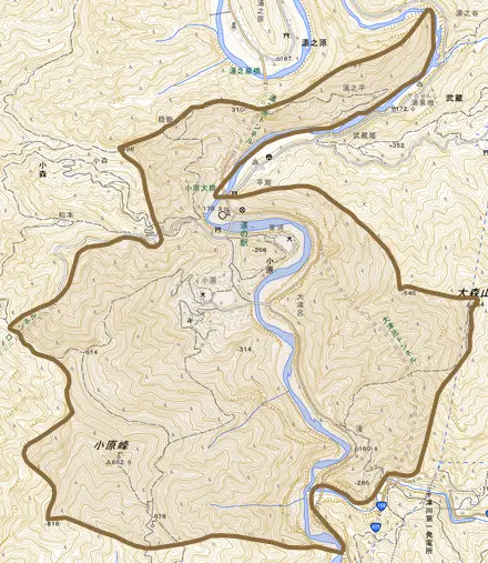大字小原とその周辺の地図。町の範囲を重ねている